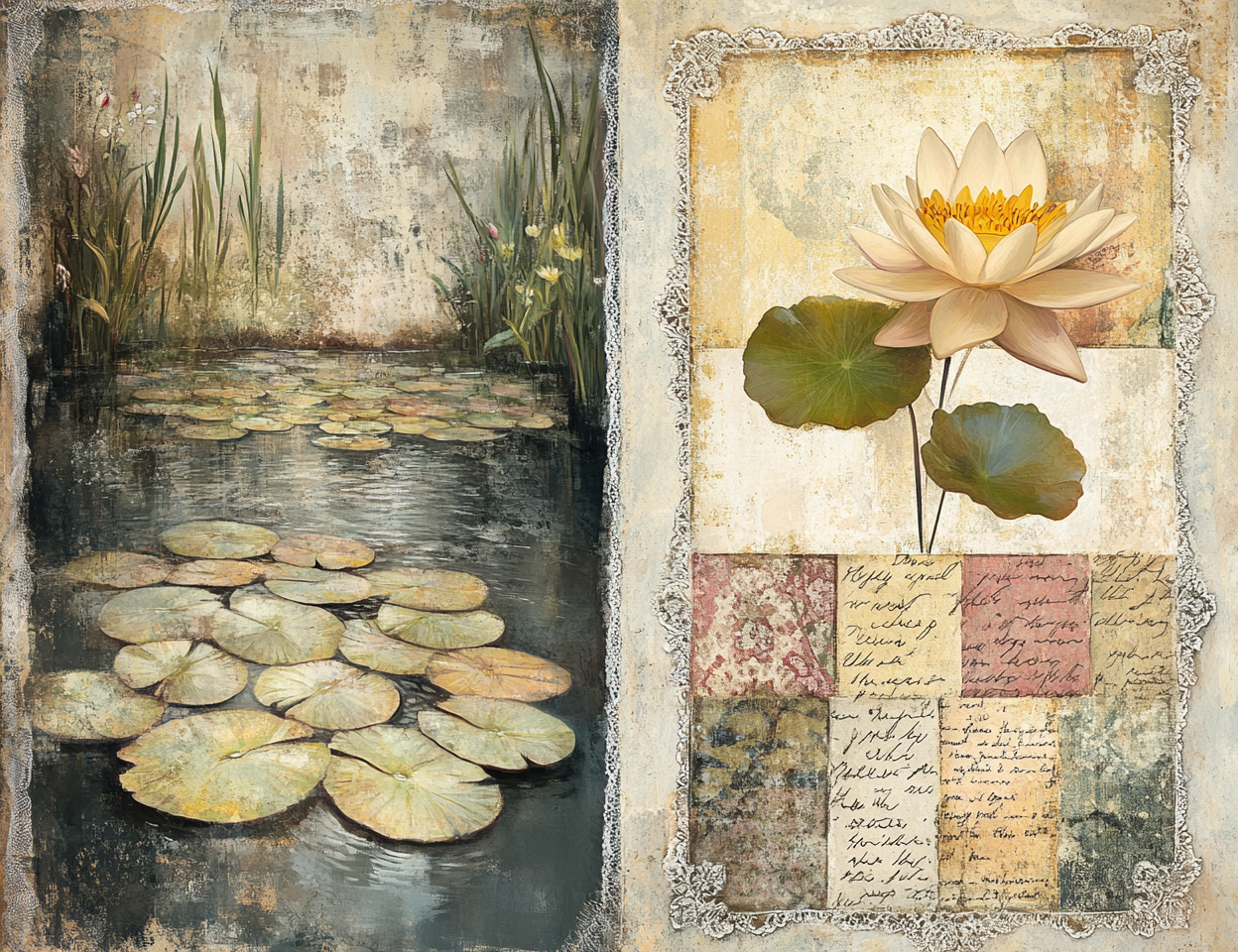 Decorative collage with a water lily and text on a textured background