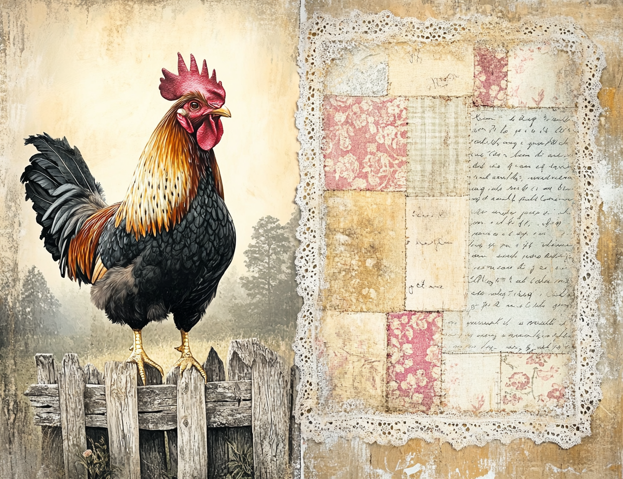Rooster on a wooden fence with a vintage-style patchwork frame on the right