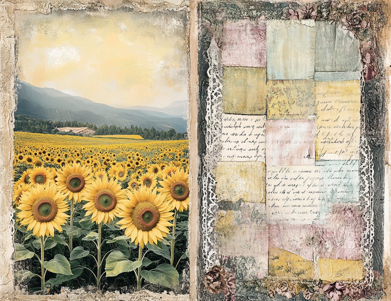 Artistic depiction of sunflowers with a textured border and scenic background