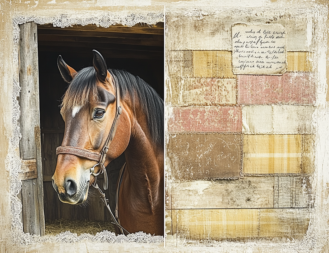 Horse peeking out from a stable door with rustic wall background