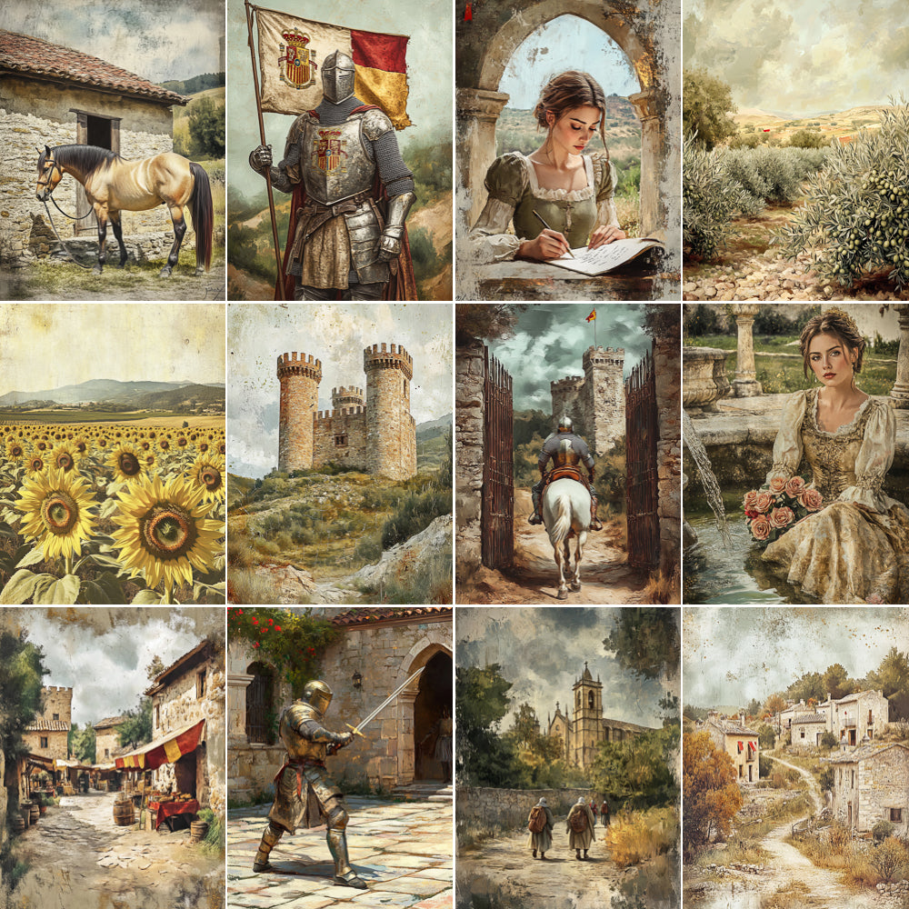 Collage of historical and scenic paintings featuring a knight, woman, horse, castle, and village.
