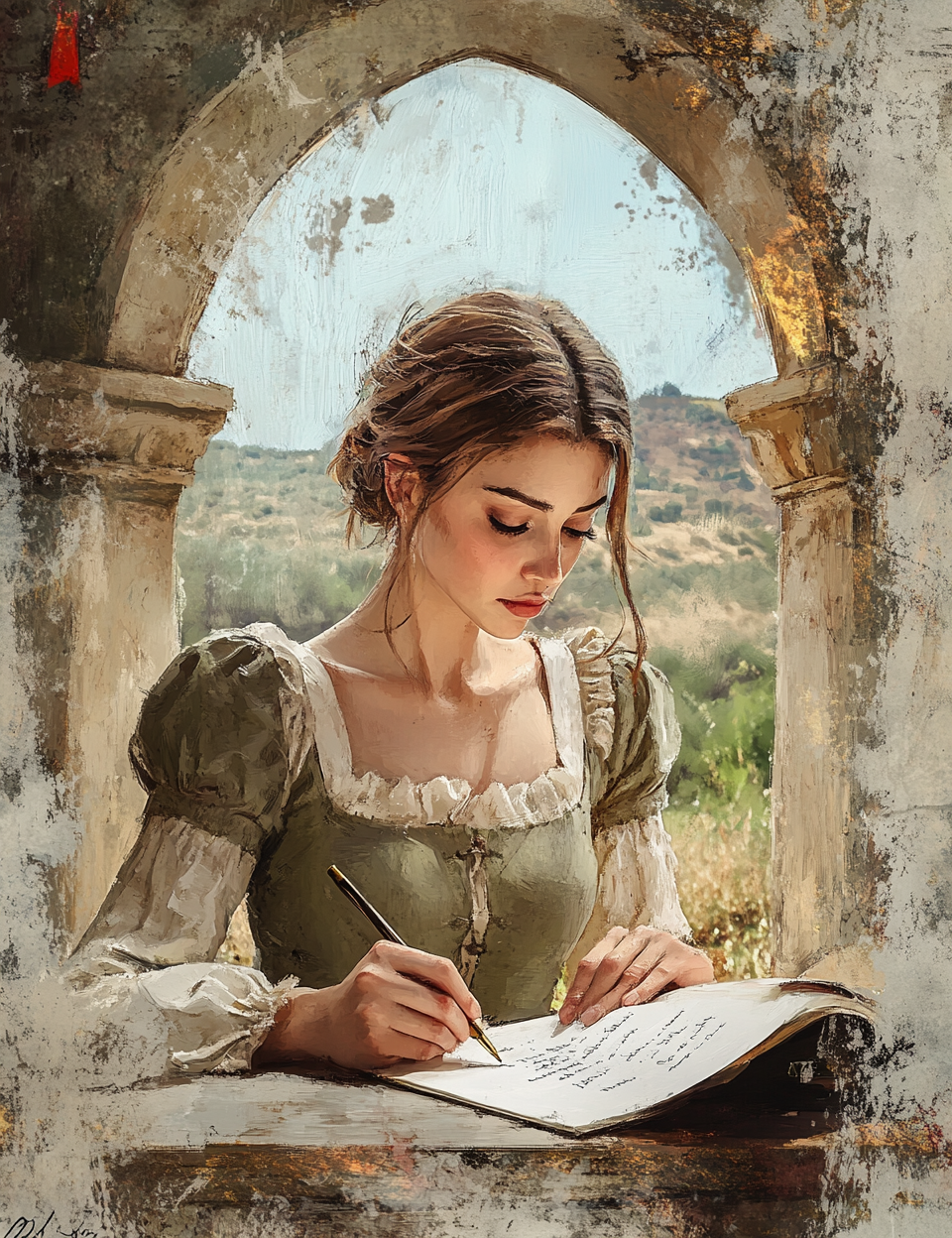 Woman in historical attire writing at a desk with a scenic background