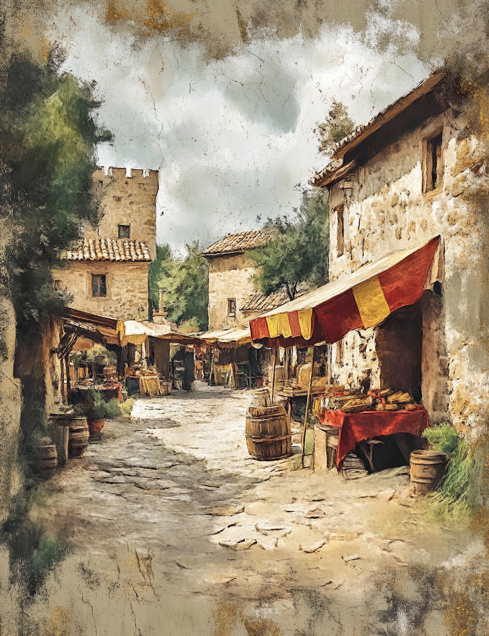 Painting of a rustic village street with market stalls and stone buildings.