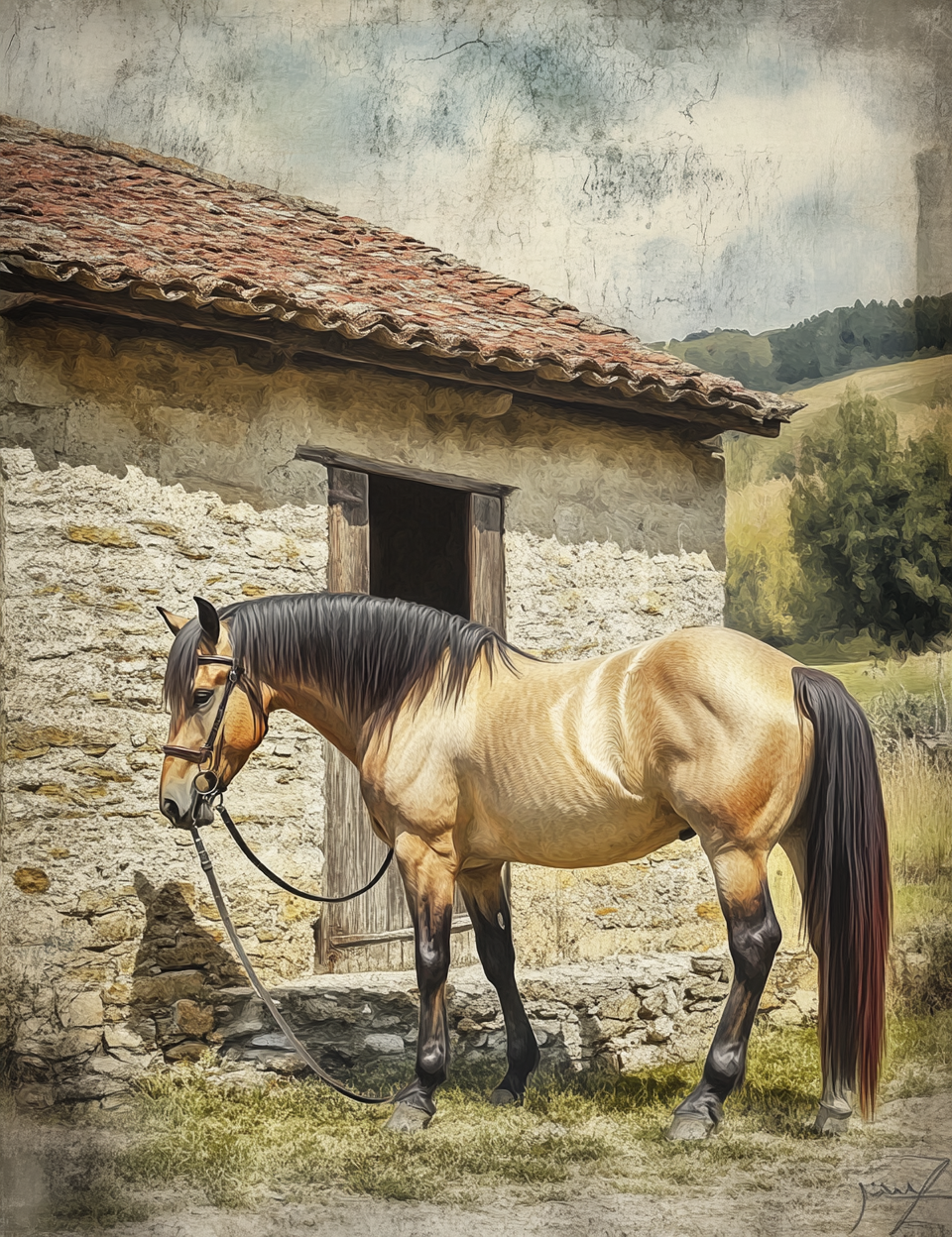 Horse standing in front of a rustic stone building with a scenic background