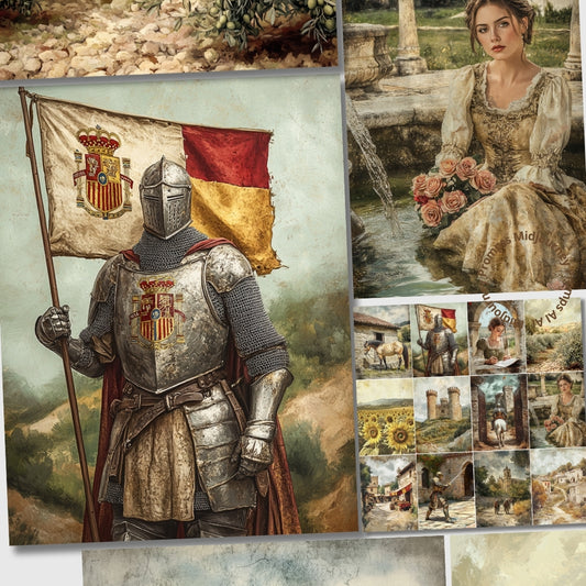Collage of a knight in armor with a flag and a woman in a dress by a fountain.