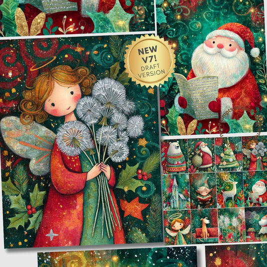 Collage of Christmas-themed illustrations including an angel, Santa Claus, and various festive elements.