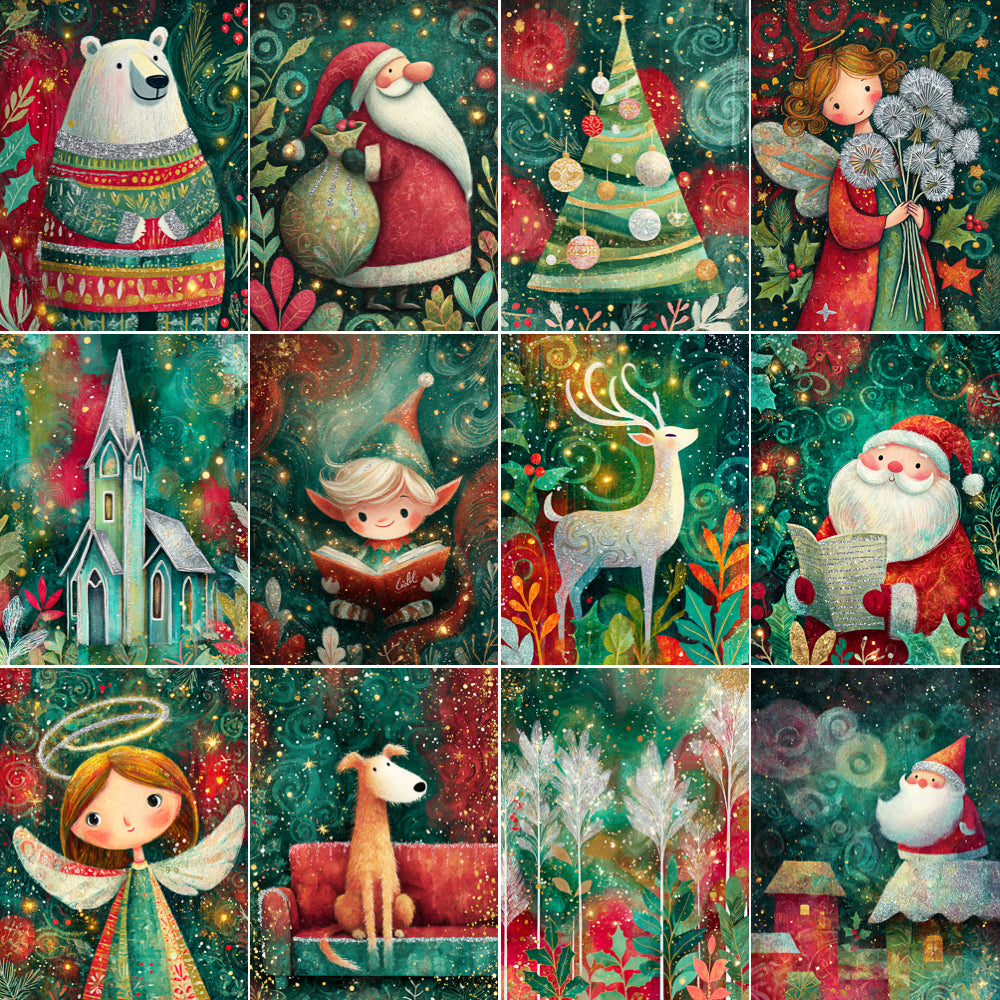 Collage of festive illustrations including Santa Claus, Christmas trees, angels, and animals on a green background.