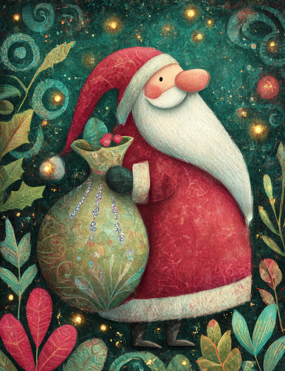 Illustration of Santa Claus holding a decorative ball with a festive background