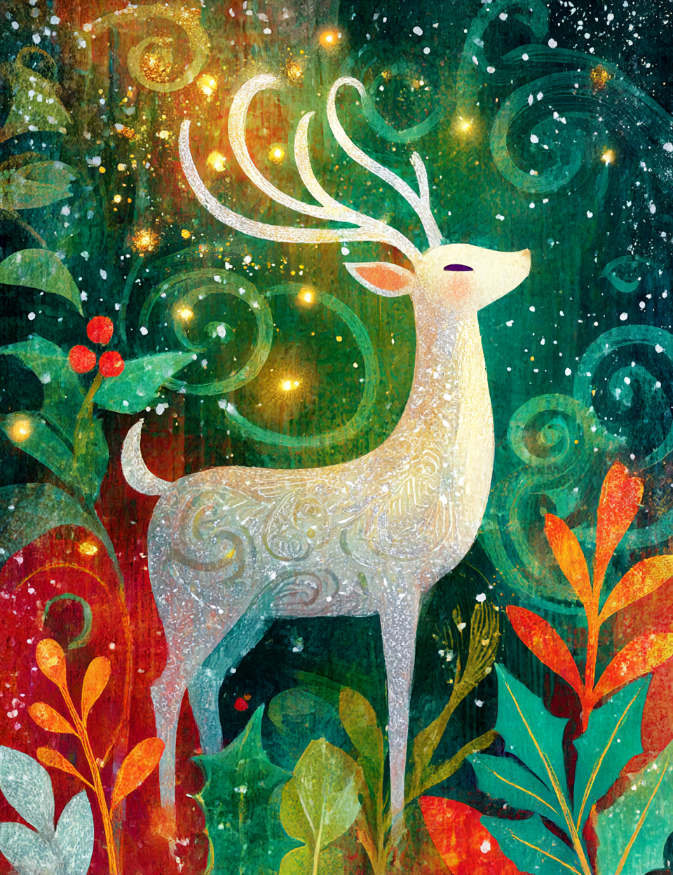 Decorative illustration of a deer in a fantasy forest with swirling patterns and glowing lights.