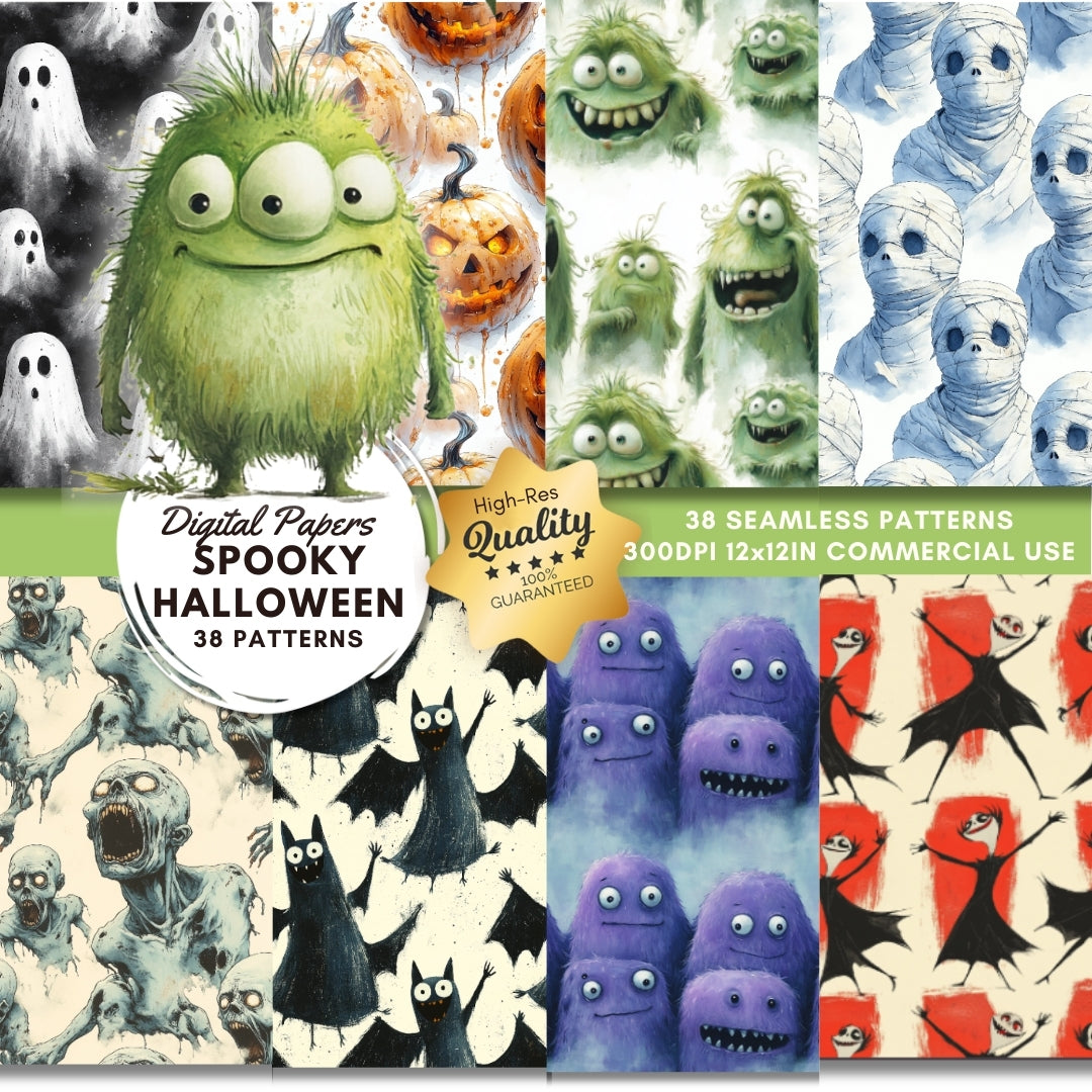 38 Cute Halloween Seamless Papers, Digital Papers with Monsters