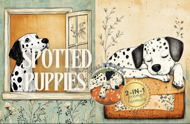 Spotted Puppies book cover with Dalmatian dogs and decorative elements.