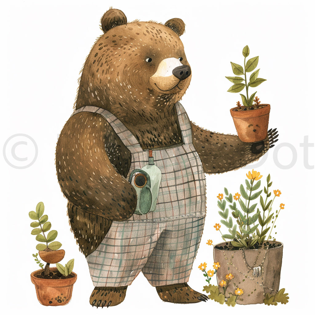 a bear Spring Garden Watercolor Clipart 