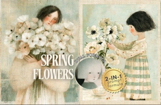 A vintage-style collage titled 'SPRING FLOWERS' featuring soft pastel illustrations of a woman holding a large bouquet of white flowers, a child in a striped dress arranging flowers, and a white dog among blossoms. A circular inset shows a pale face, and a gold seal reads '2-IN-1 prompt formula.