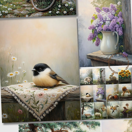 Collage of nature-themed images including a bird, flowers, and landscapes.