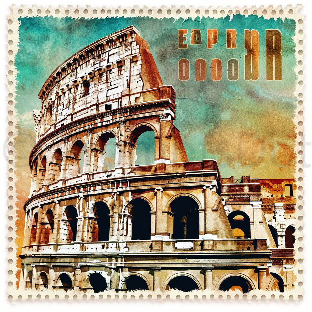 The colosseum Stamps Labels Travel Ephemera Midjourney Prompts