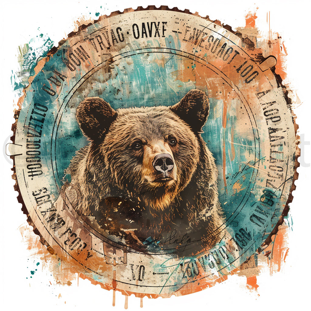 a bear Stamps Labels Travel Ephemera Midjourney Prompts