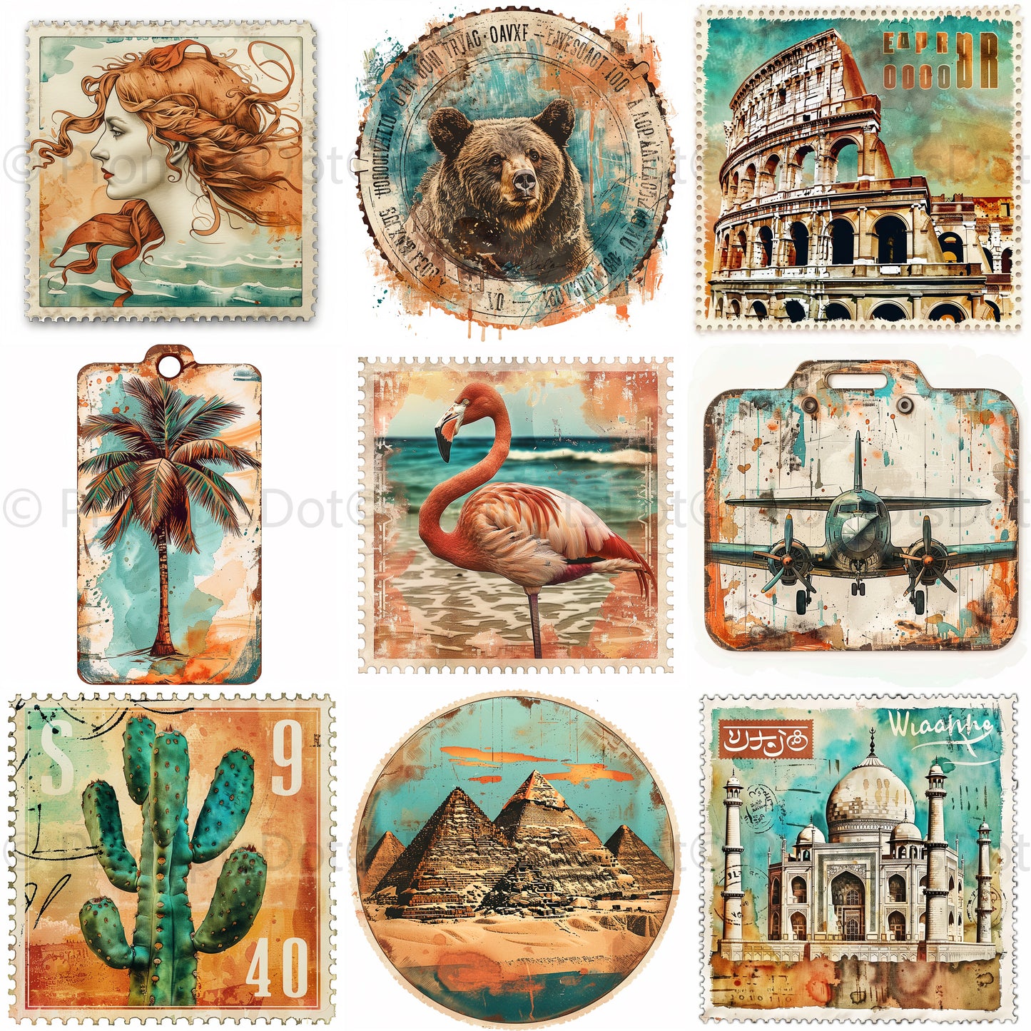 grid Stamps Labels Travel Ephemera Midjourney Prompts
