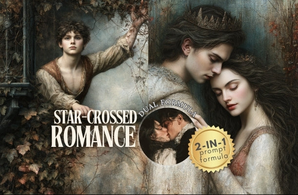 Promotional artwork for a dual romance story titled 'Star-Crossed Romance', showing multiple portraits of a young woman and a young man in an old-fashioned romantic scene. The image includes text overlays 'STAR-CROSSED ROMANCE', 'DUAL ROMANCE', and a gold badge reading '2-IN-1 prompt formula'.