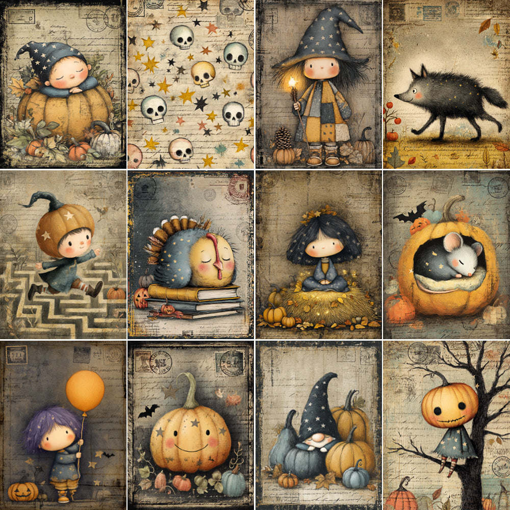 Collection of Halloween-themed illustrations featuring children, pumpkins, and animals on a vintage-style background.