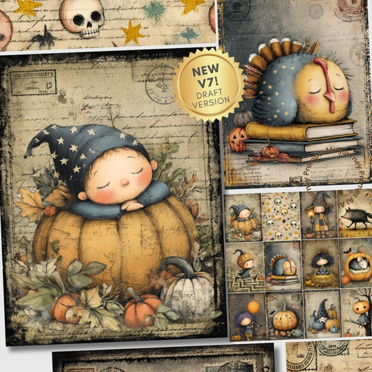 Collage of Halloween-themed illustrations with pumpkins and gnomes on a vintage-style background.