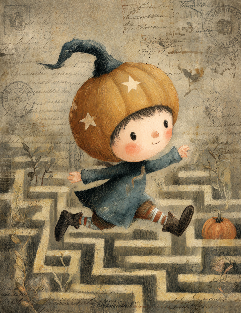 Illustration of a child in a pumpkin costume running through a maze with pumpkins on a textured background.