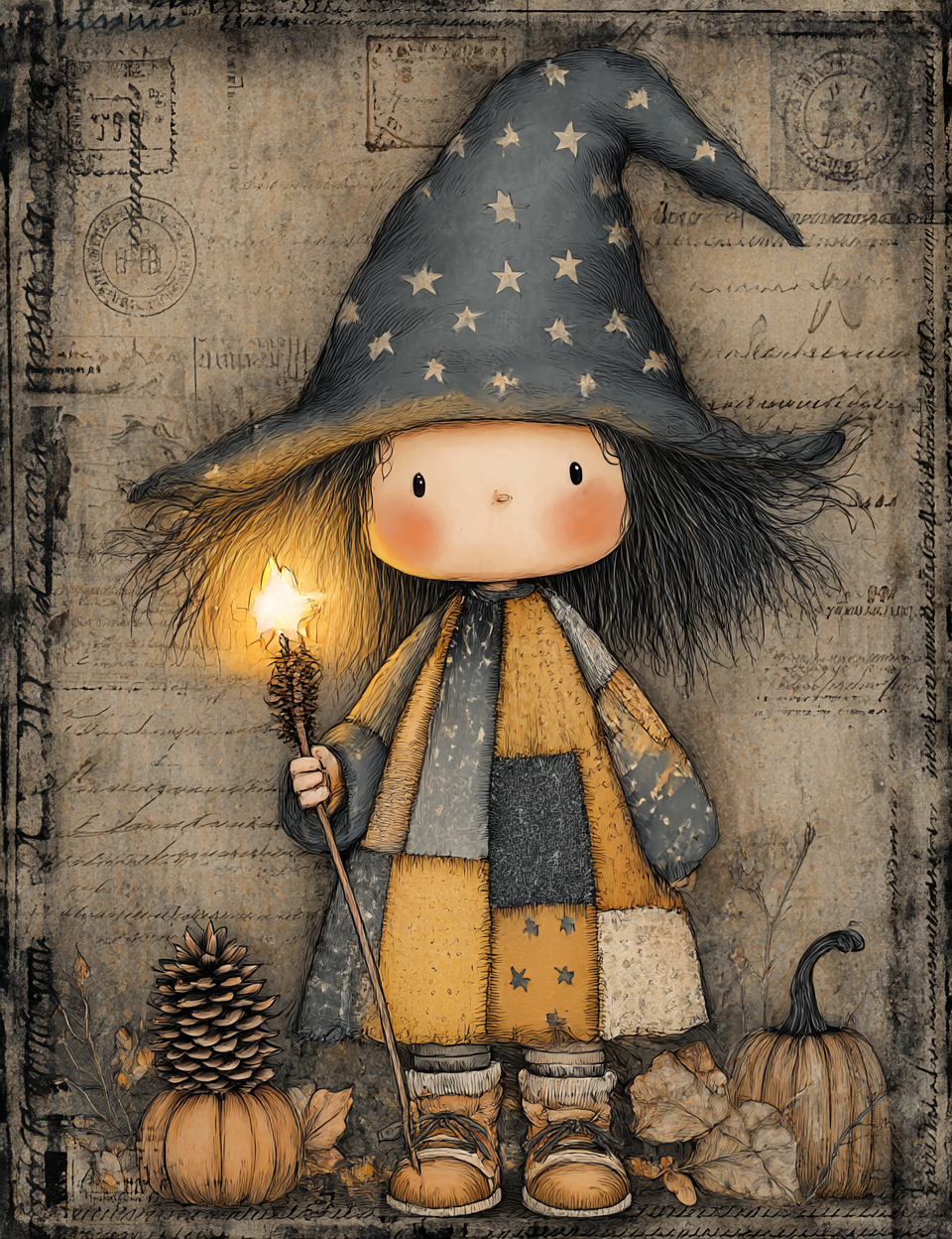 Illustration of a witch character with a star-patterned hat, holding a lantern, surrounded by pumpkins and a pine cone on a textured background.