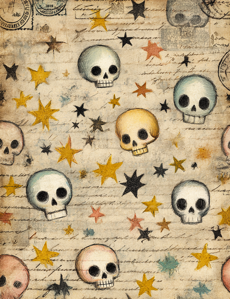 Pattern of skulls and stars on a textured background
