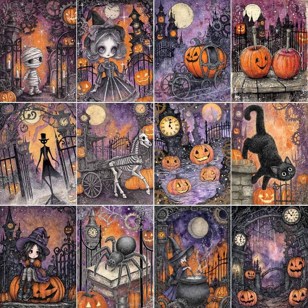 Collage of Halloween-themed illustrations featuring pumpkins, ghosts, cats, and other spooky elements.