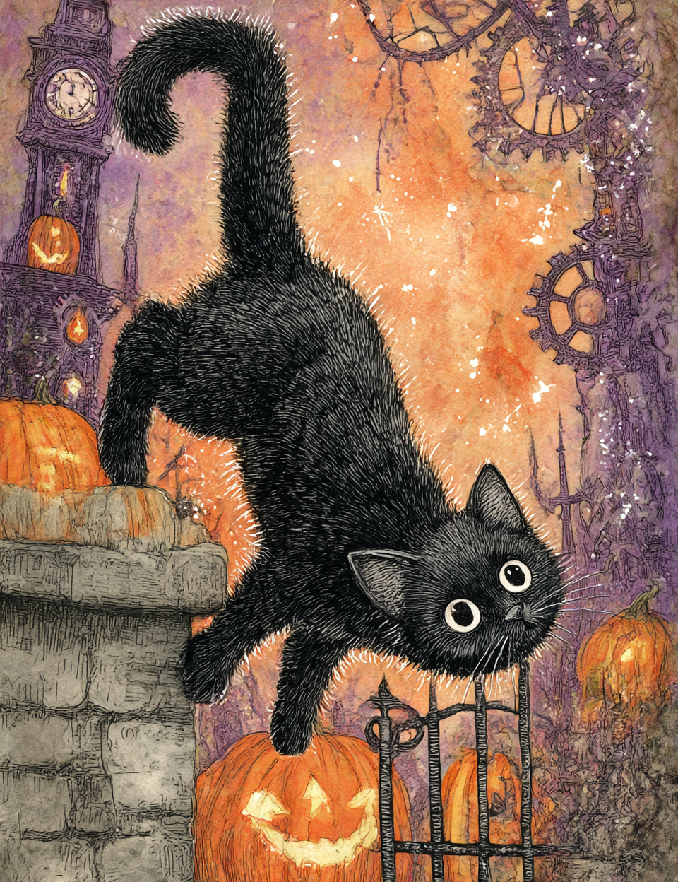 Black cat on a stone wall with pumpkins and gears in a Halloween-themed setting