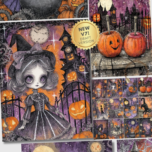 Halloween-themed collage with pumpkins, a witch, and ghost in a purple and orange color scheme.