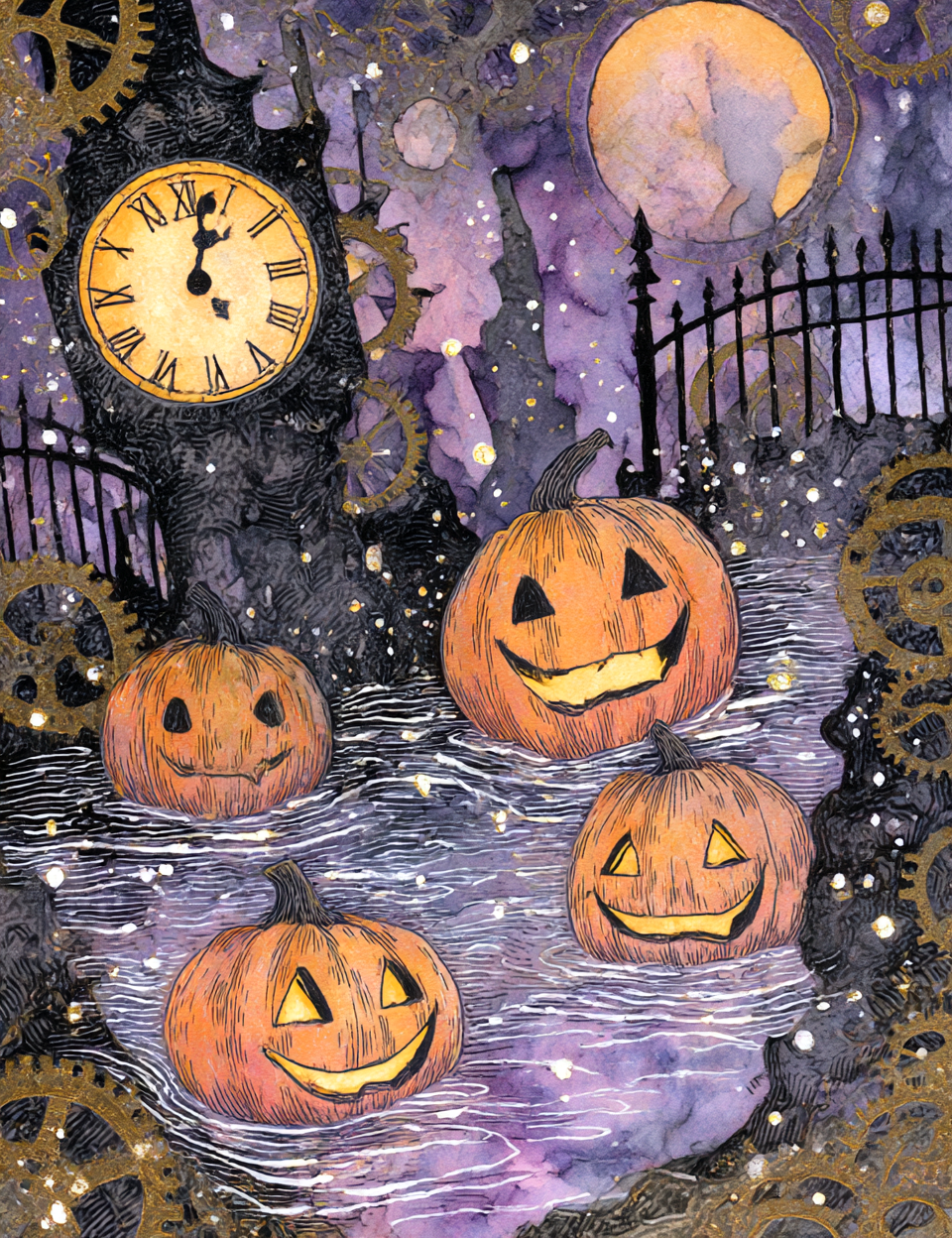 Halloween-themed illustration with pumpkins, a clock, and a moonlit sky.