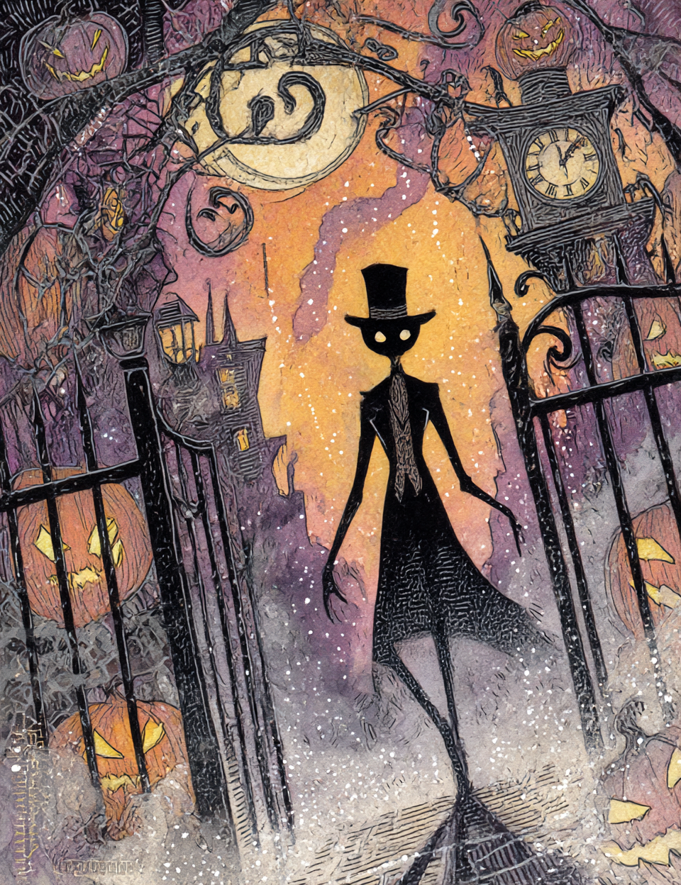 Silhouette of a character with a top hat in a Halloween-themed setting with pumpkins and a clock.