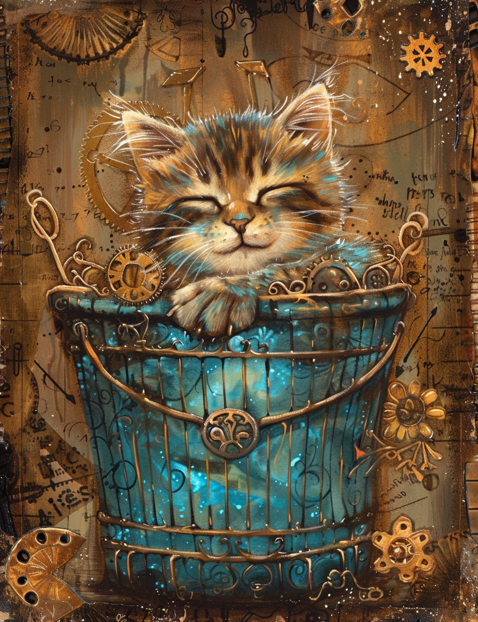 a cute cat Midjourney Prompts For Steampunk Junk Journal Papers