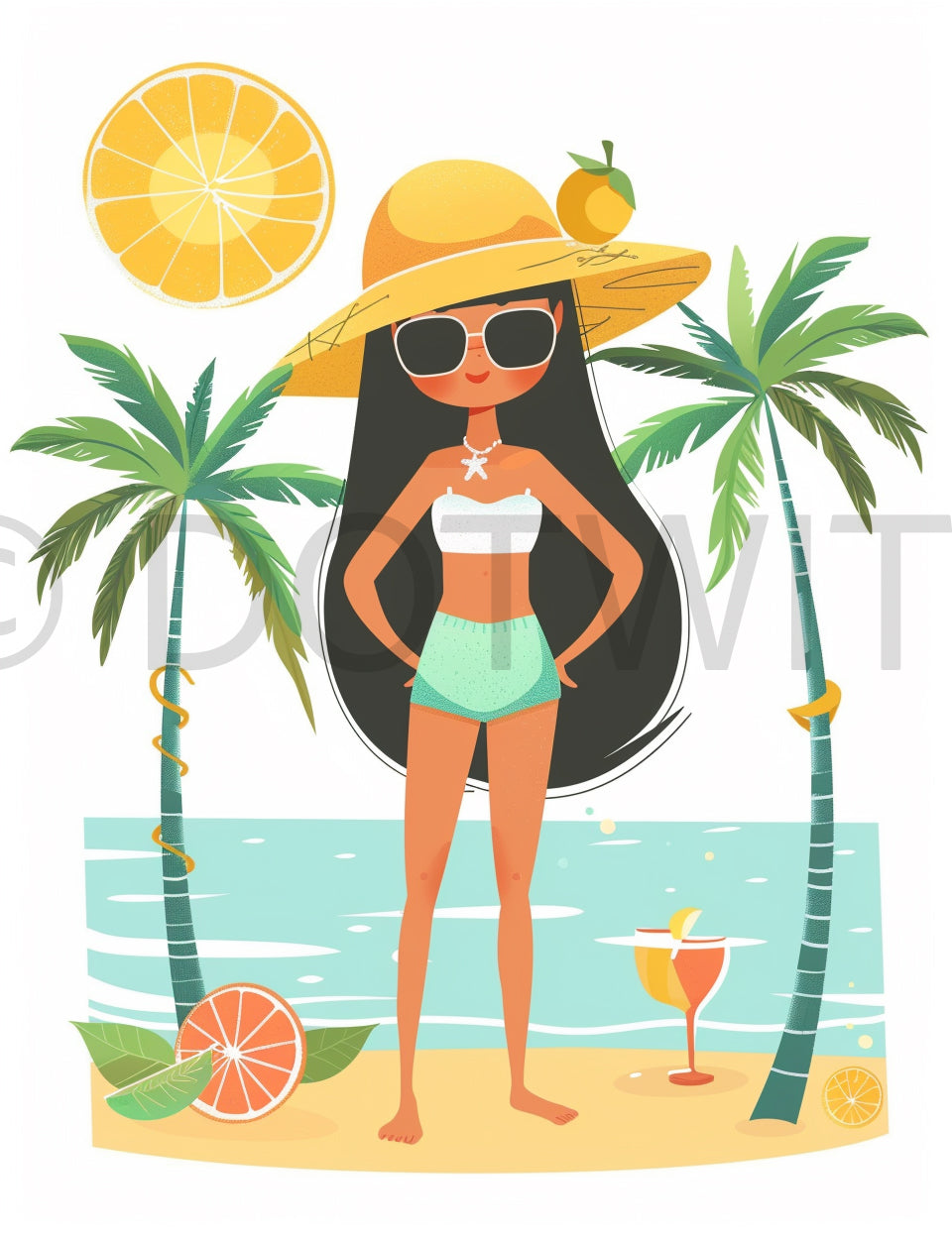 a girl Summer Beach Watercolor