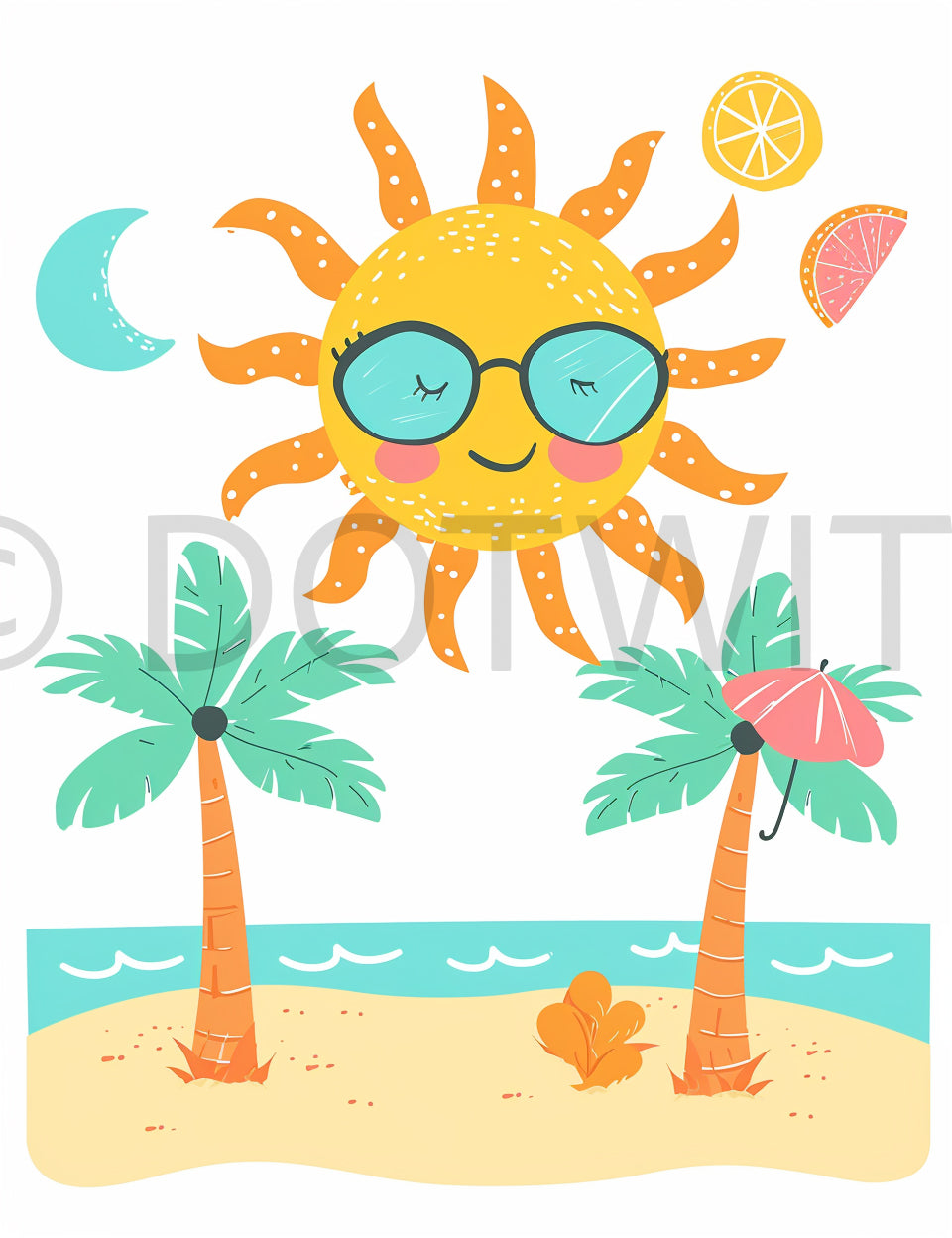 cute sun in the beach Summer Beach Watercolor