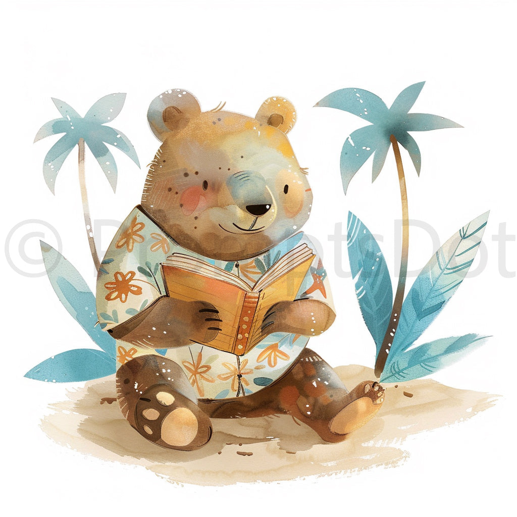 bear reading in the beach Summer Minimalist Characters