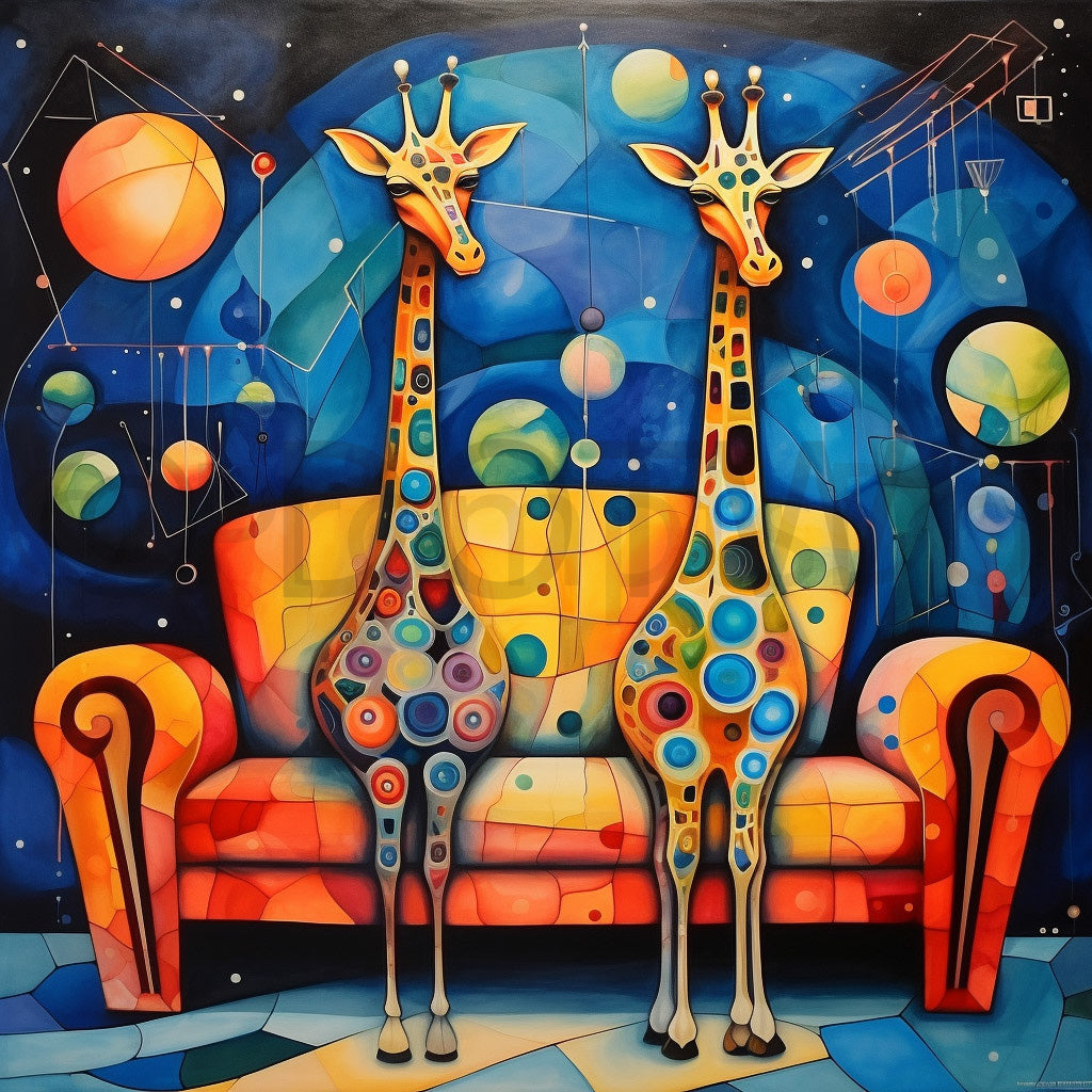 two giraffes sitting on a coach Surreal Art Abstract Art Modern Wall Digital Art and Midjourney Prompt Commercial Use