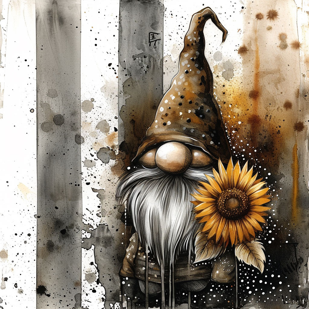 a gnome with a sunflower Surreal Ephemera Illustrations Midjourney V6 Prompt