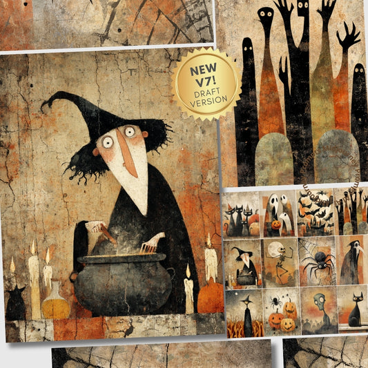 Halloween-themed artwork with a witch, pumpkins, and ghosts on a textured background.