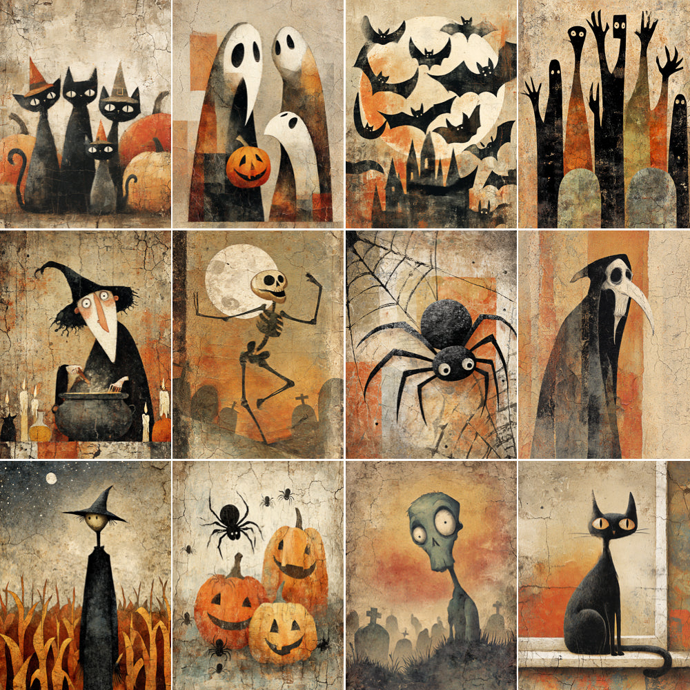 Collage of Halloween-themed illustrations featuring ghosts, cats, pumpkins, and other spooky elements.