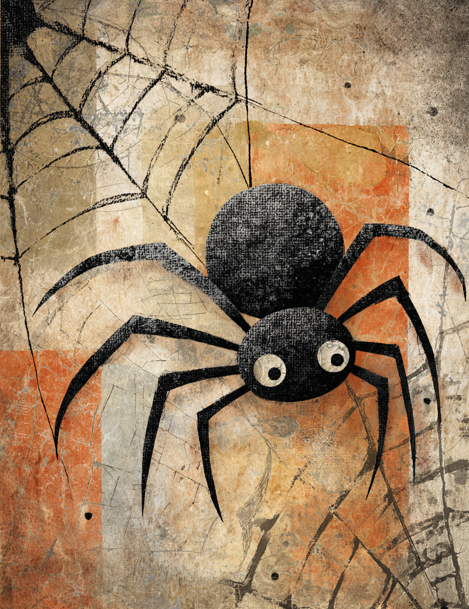 Illustration of a spider on a textured background with web