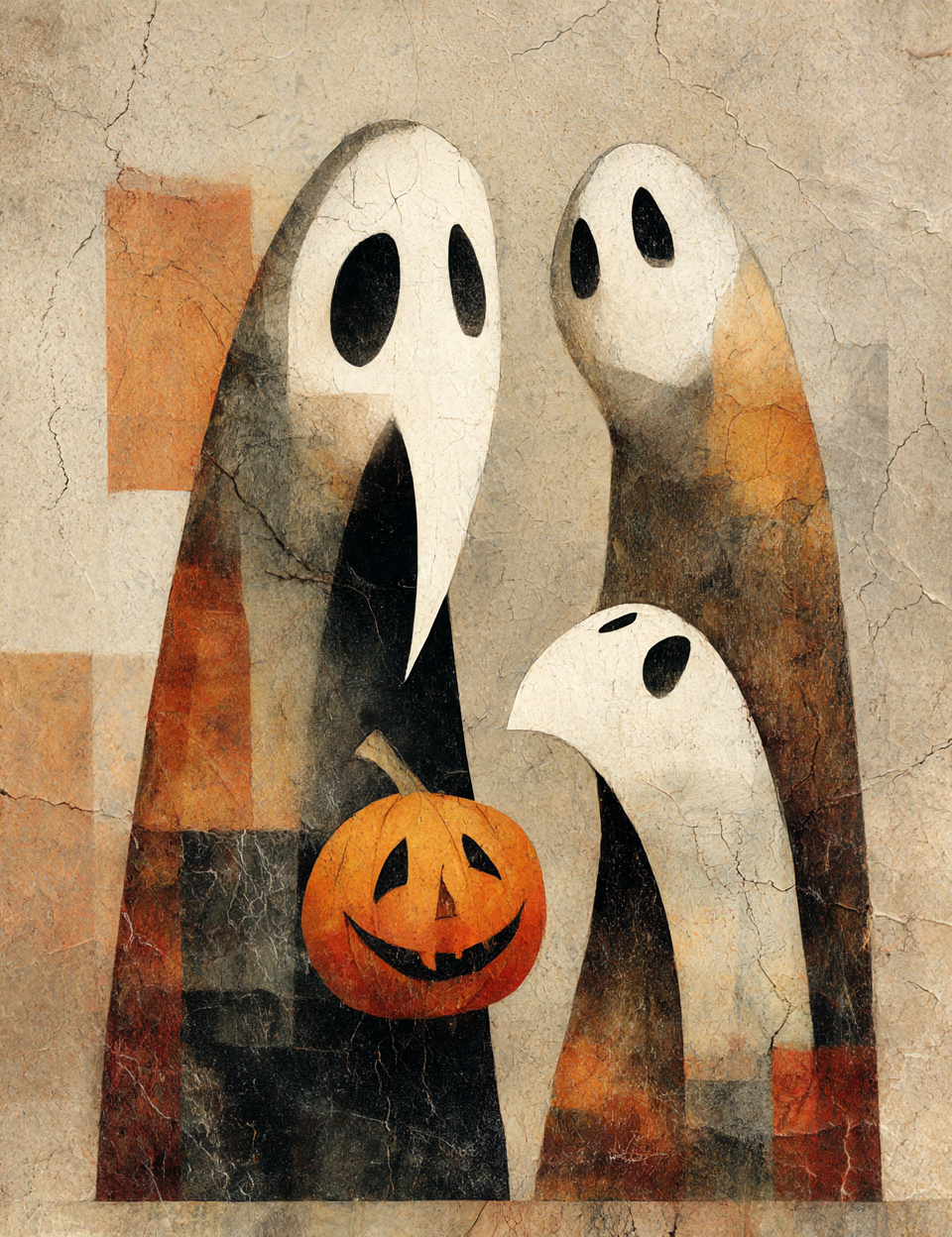Three stylized ghosts with a pumpkin on a textured background