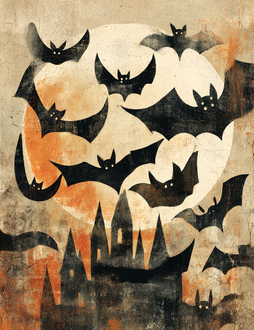 Halloween-themed illustration with bats and ghosts on a textured background