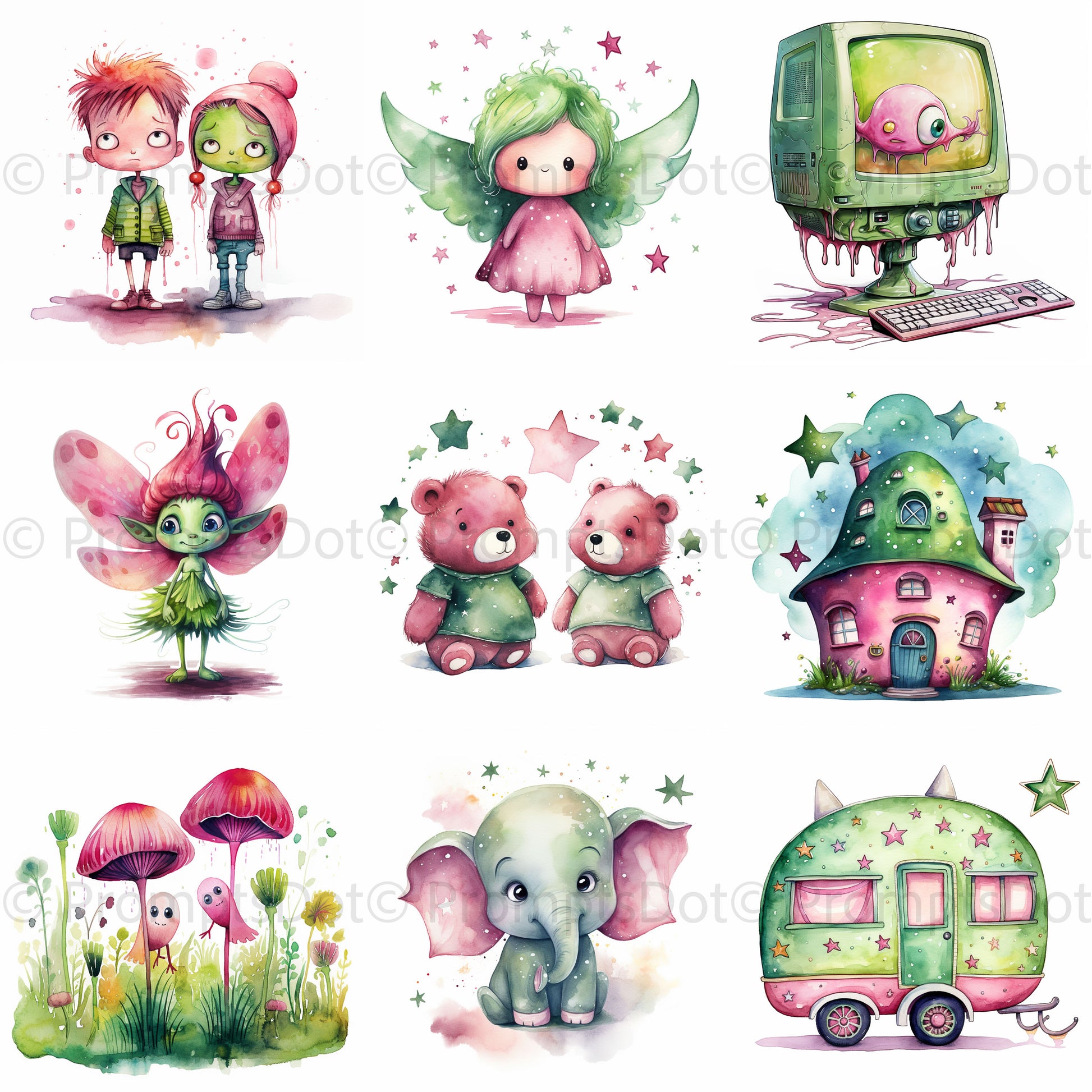 Surreal Watercolor Cute Quirky Cartoons Digital Art and Midjourney Prompt Commercial Use