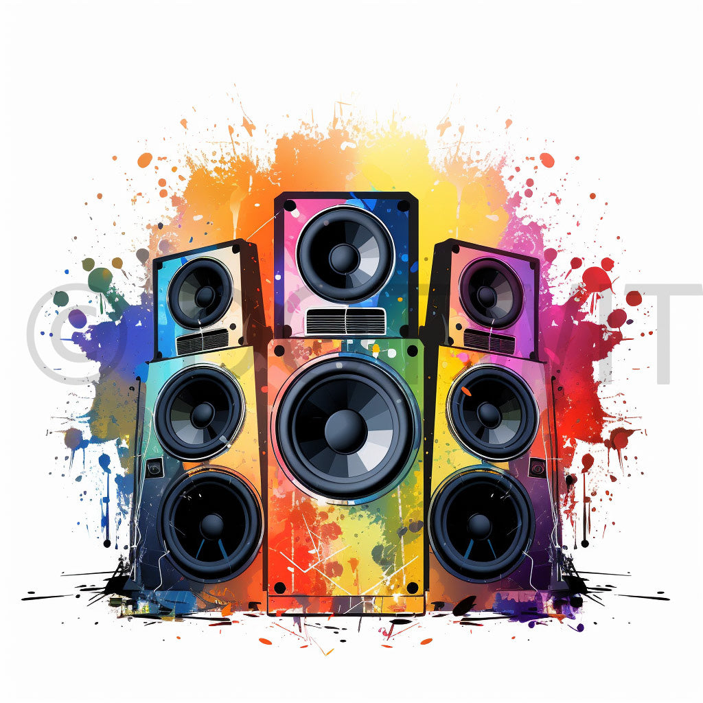 tech colorful speakers Tech Colorful Graffiti Digital Tshirt Designs and Midjourney Prompt Commercial Use