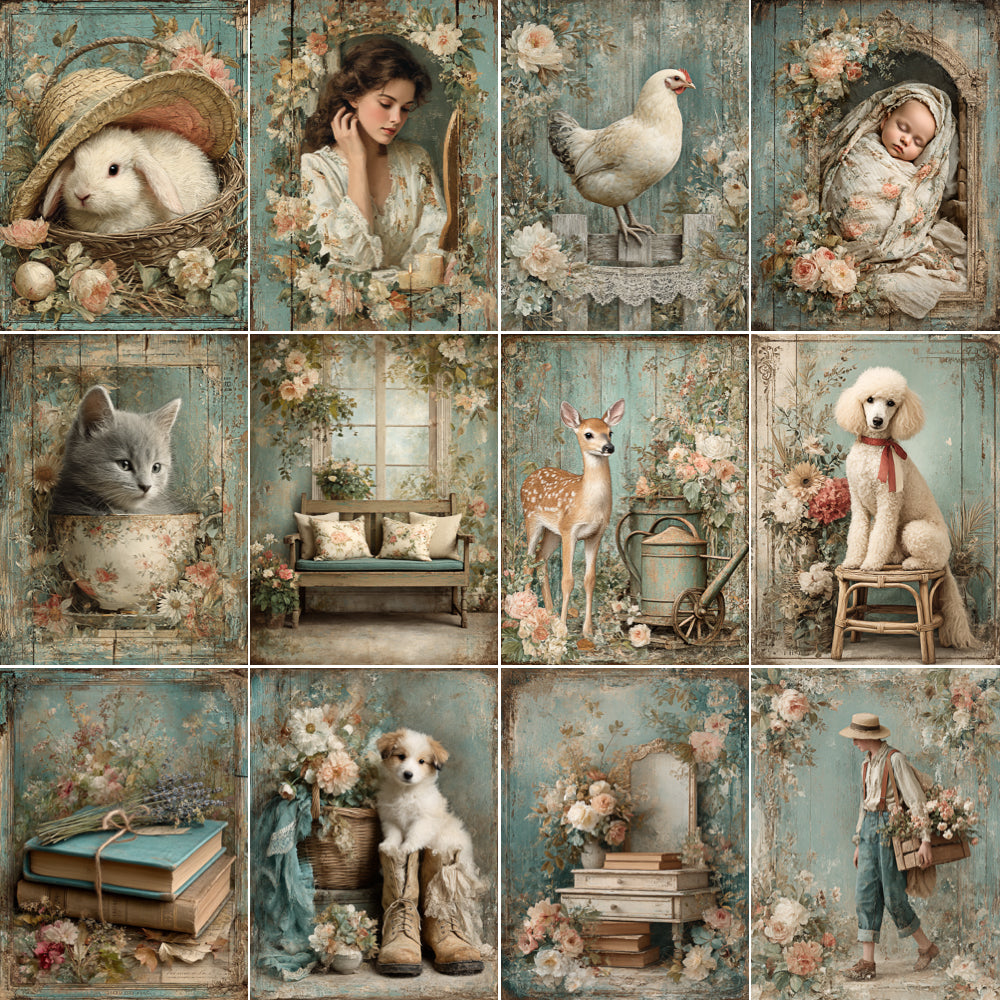 Collage of vintage-style images featuring animals, nature, and people in a decorative setting.