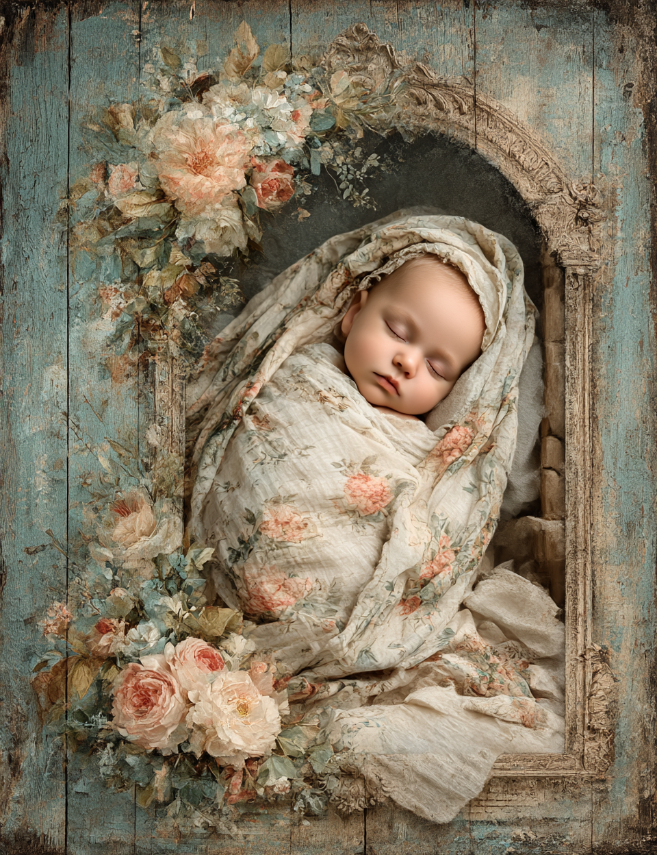Newborn baby wrapped in floral fabric with a vintage frame and flowers.