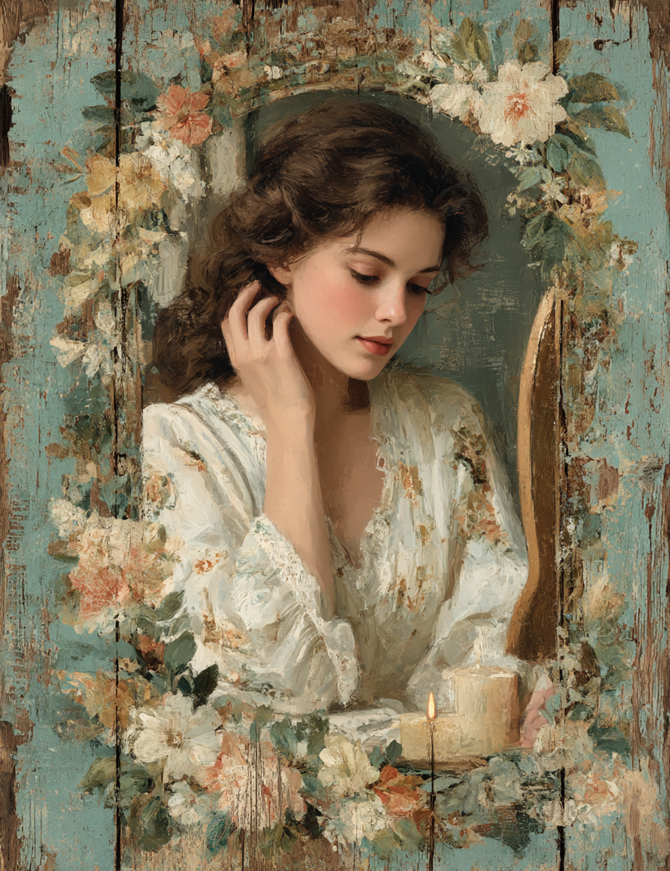 Vintage-style painting of a woman in a floral setting with a candle