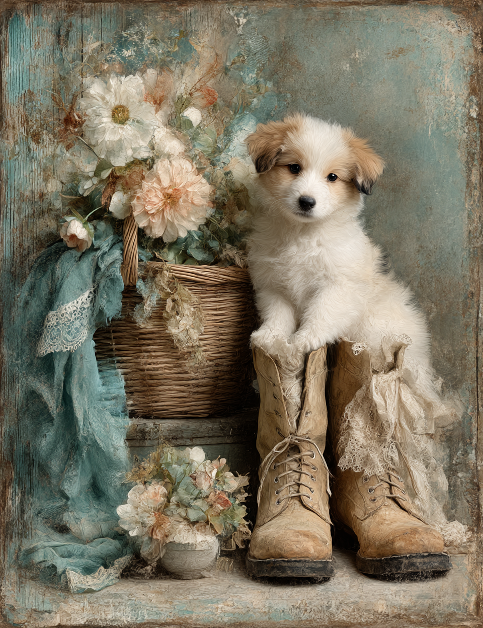 Puppy sitting on old boots with flowers and fabric in a vintage-style setting