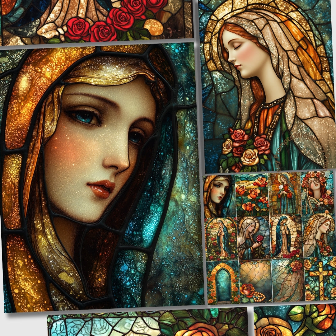 Collage of stained glass art featuring a woman's face and floral elements.